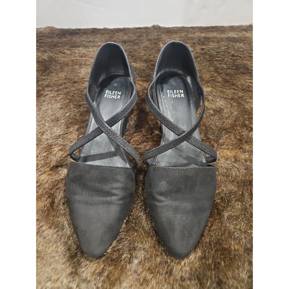 Eileen Fisher Black Suede Pointed Toe Criss Cross Flats Size 8M - Picture 2 of 10
